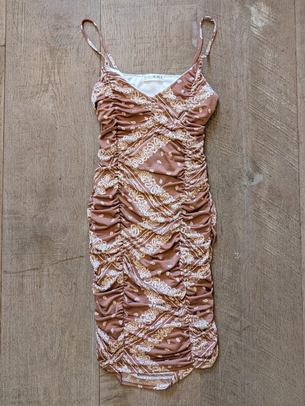 Popular 21 Brown Paisley Ruched Bodycon Mini Dress Size S